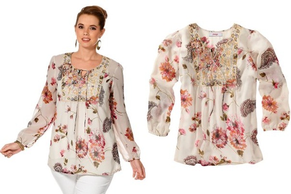 красивая женственная блузка с цветочным рисунком для полных купить