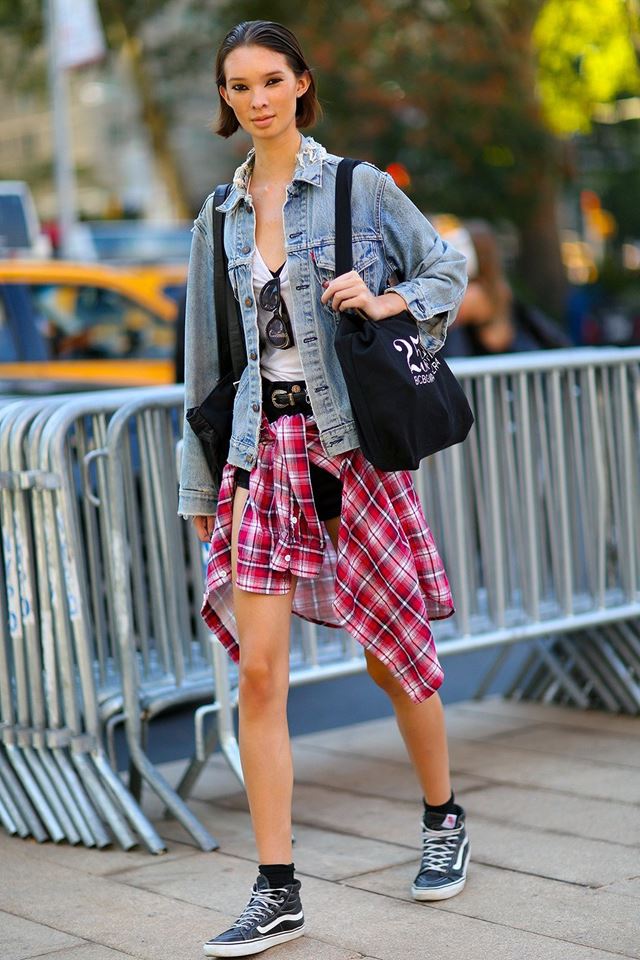 джинсовая куртка и клетка, уличная мода Нью-Йорка 2014-2015 