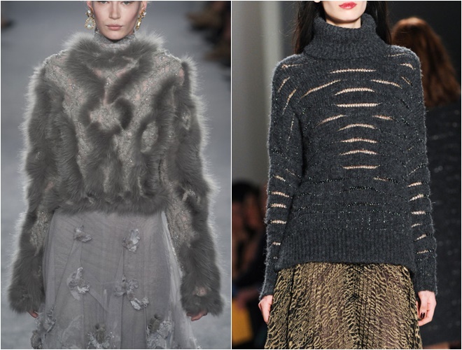 женские трикотажные свитера осень-зима 2014-2015 (серые с мехом и ажурный)