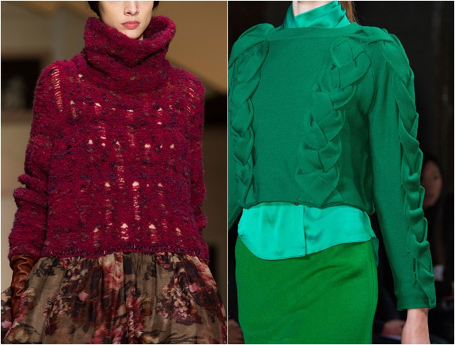 женские трикотажные свитера осень-зима 2014-2015 (бордовый и изумрудный, фактурная вязка)
