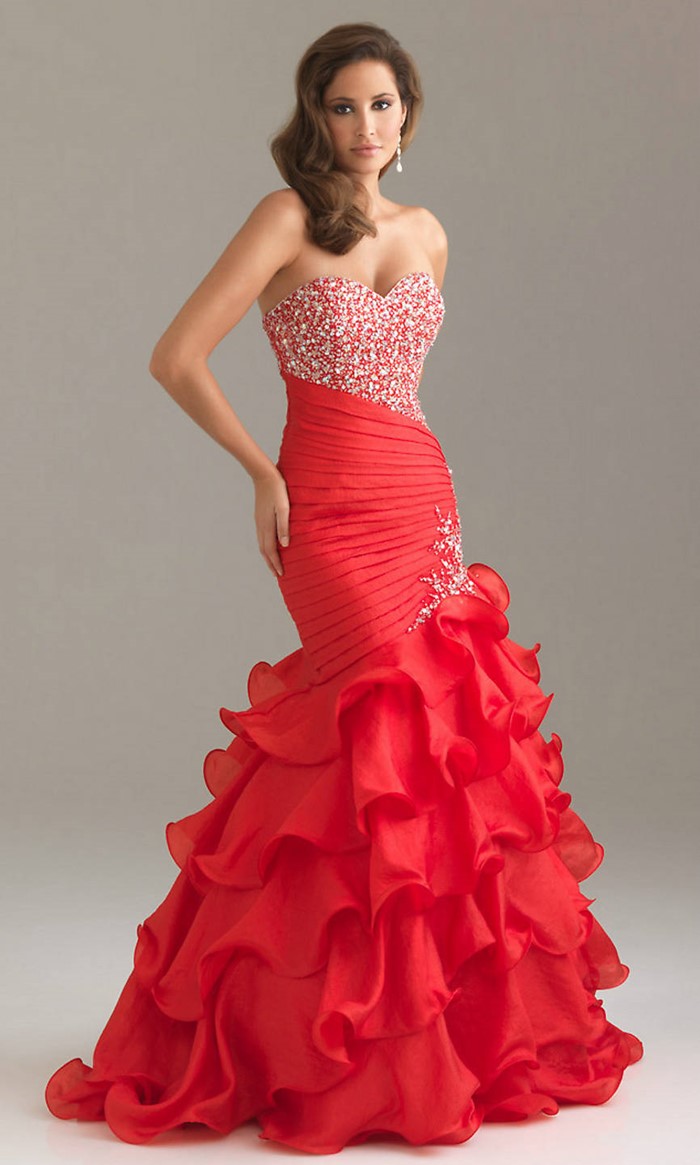 красное платье русалка с оборками на выпускной 2015