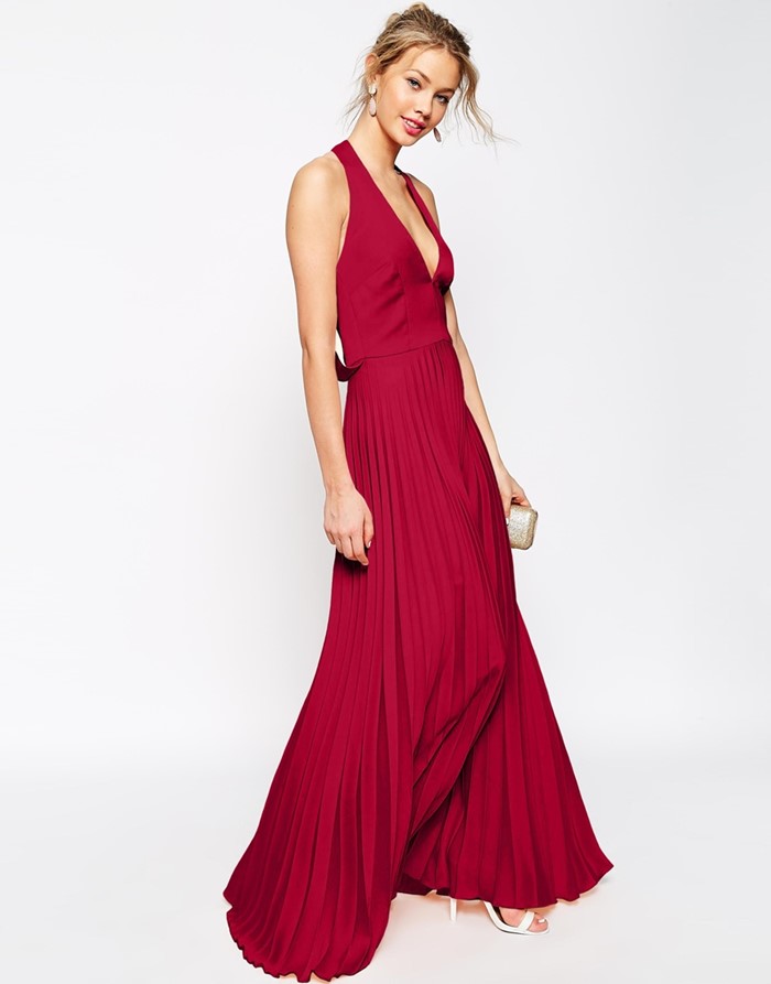 темно-красное платье с плиссированной юбкой на выпускной 2015