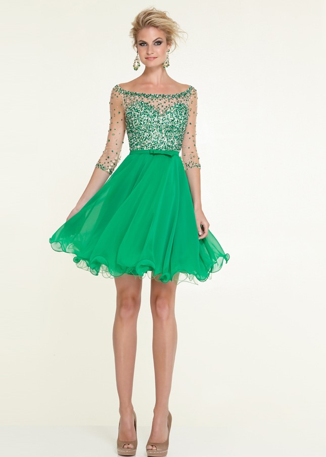 короткие зеленое платье с пышной юбкой на выпускной 2015 
