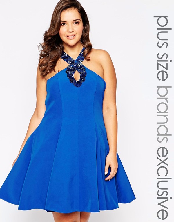 синее короткое коктейльное платье трапеция для полных 2015 