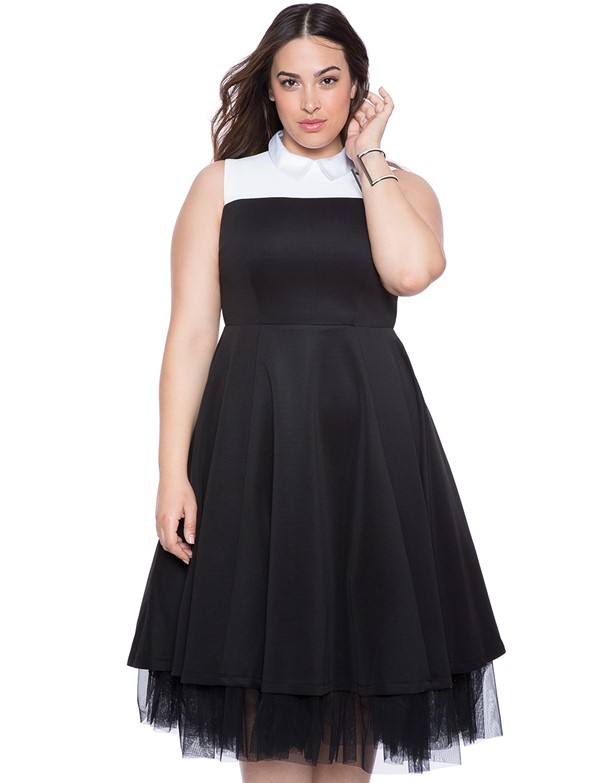черно-белое короткое коктейльное платье для полных 2015