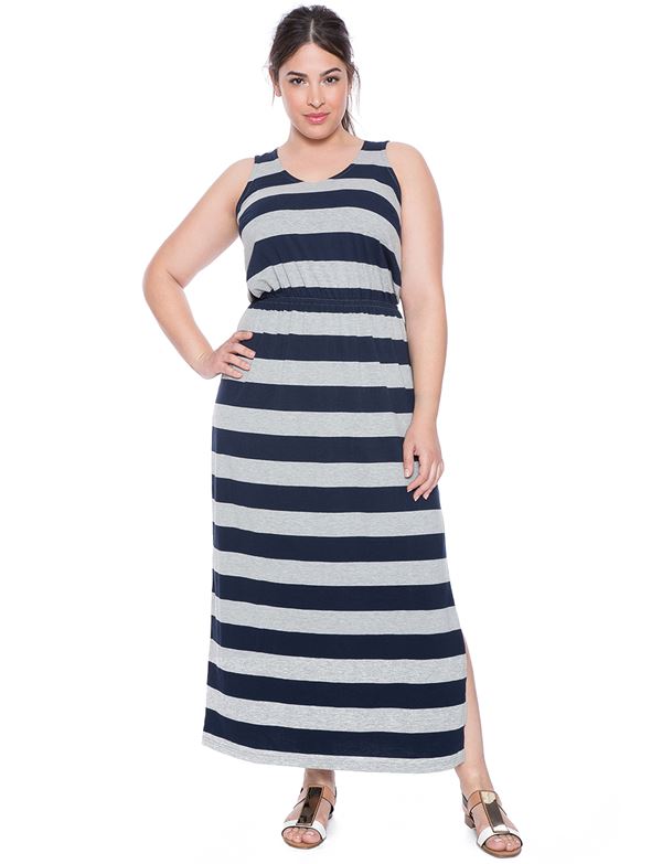 длинное полосатое платье для полных женщин 2015