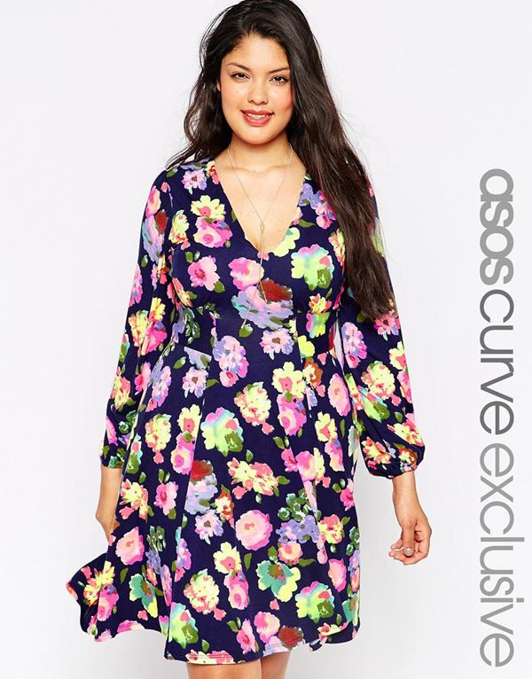 короткое платье с цветочным принтом для полных женщин 2015 