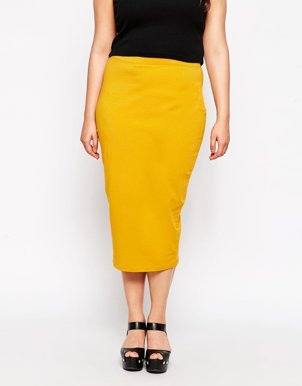 желтая юбка-карандаш миди  для полных 2015 
