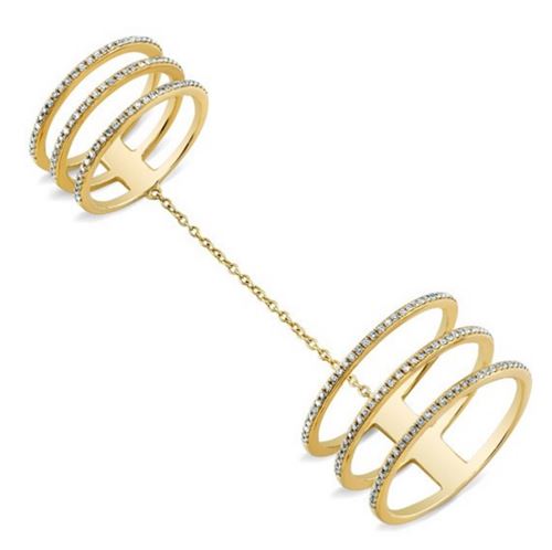 двойное многорядное кольцо из желтого золота на длинной цепочке