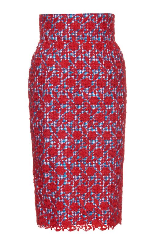 красная кружевная юбка-карандаш 2016