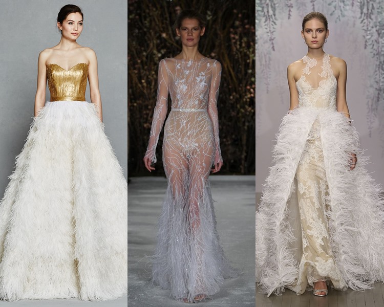 Модные свадебные платья тенденции 2017: отделка перьями
