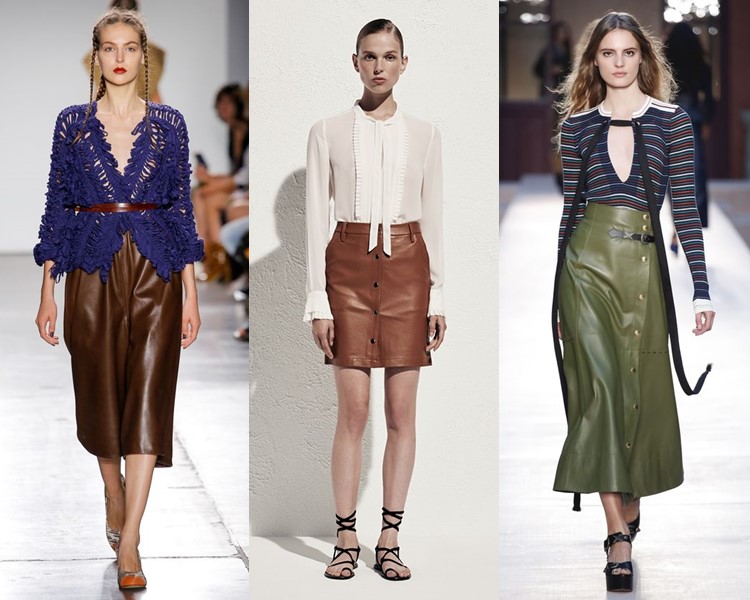 Модные юбки весна-лето 2017:  коричневые и зелёные кожаные