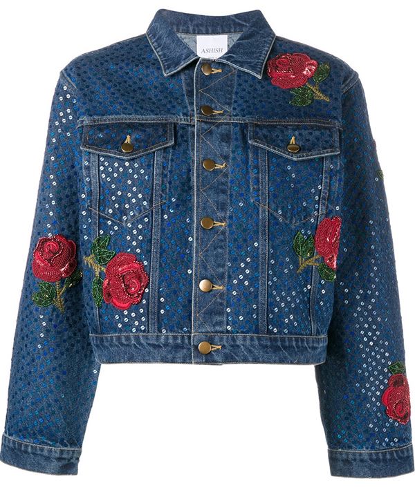 темно-синяя джинсовая куртка с пайетками и цветочными аппликациями