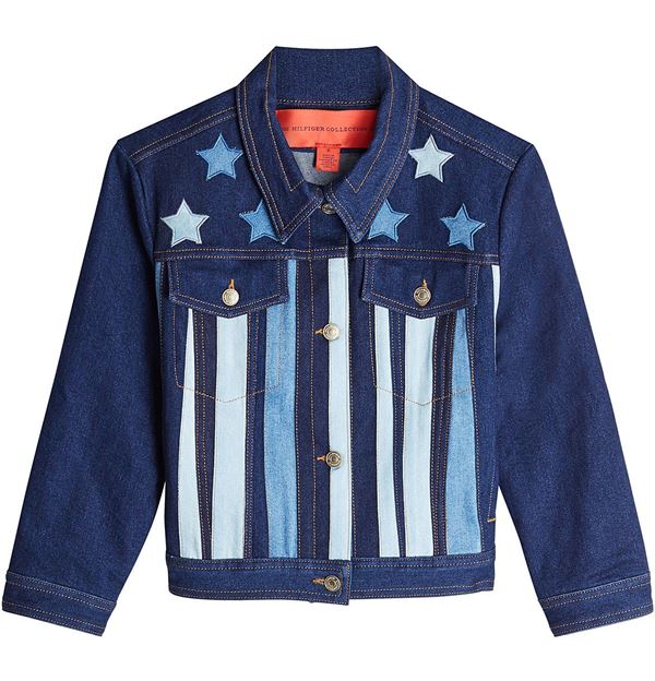 темно-синяя джинсовая куртка с полосками и звездами