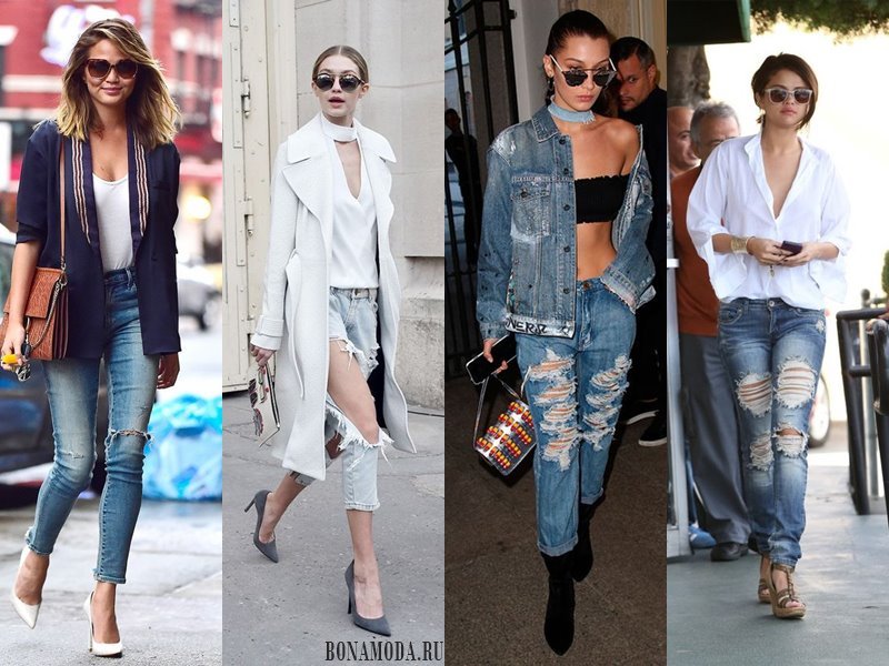 С чем носить рваные джинсы: блейзер, плащ, куртка деним, белая блузка
