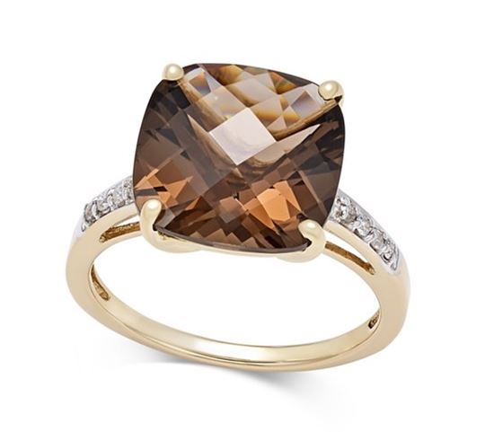 помолвочное кольцо из желтого золота с крупным коричневым кварцем и бриллиантами
