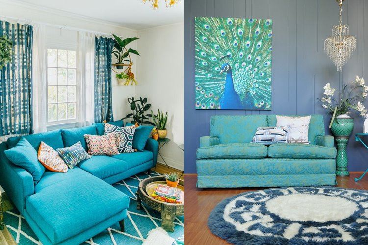 Бирюзовый диван в интерьере: Дизайн в ярких бирюзовых тонах с мягкими диванами