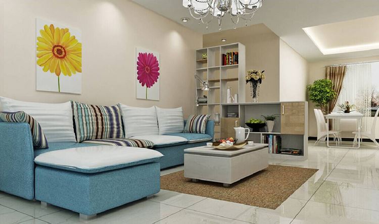 Голубой диван в интерьере: модульный диван с полосатыми подушками в светлой гостиной 