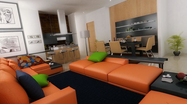 Оранжевый диван в интерьере: угловые оранжевые кожаные диваны с синими и зелёными подушками 