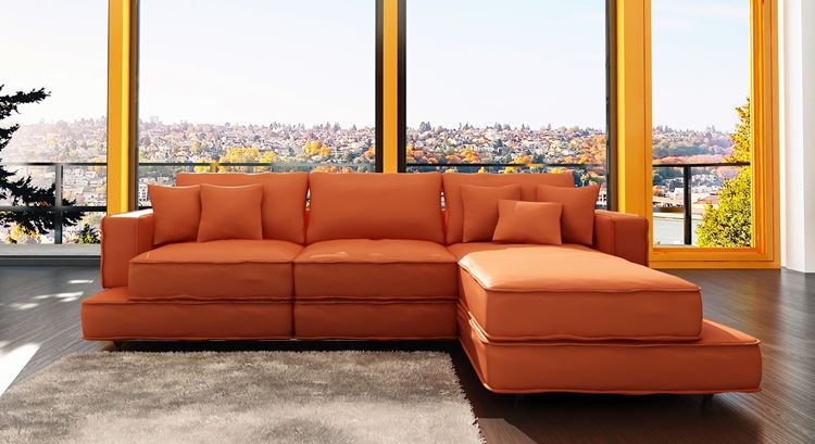 Оранжевый диван в интерьере: угловой диван из эко-кожи