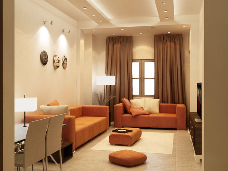 Оранжевый диван в интерьере: гостиная в тёплых бежевых тонах тонах с оранжевыми диванами 