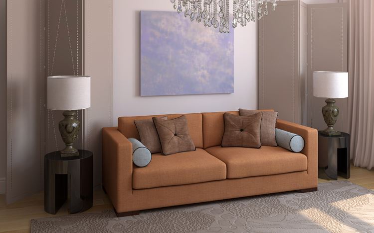 Оранжевый диван в интерьере: оранжевый диван с коричневыми и голубыми подушками