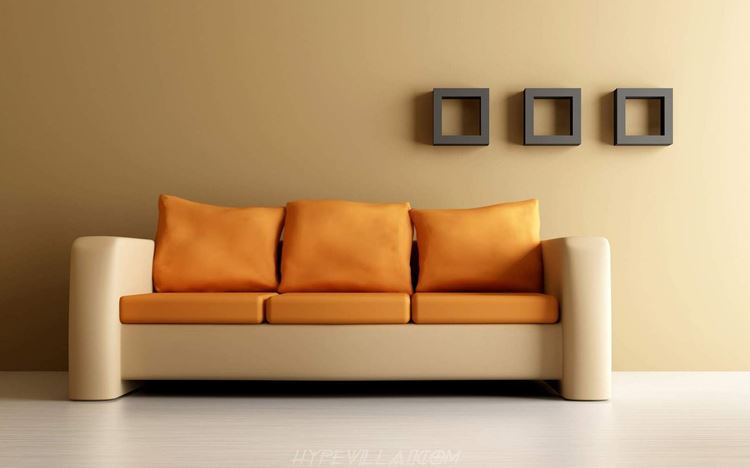 Оранжевый диван в интерьере: бежево-оранжевый трехместный диван