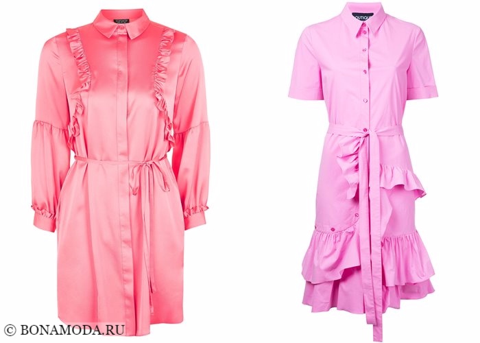 Платья-рубашки 2017-2018: розовые и коралловые с воланами