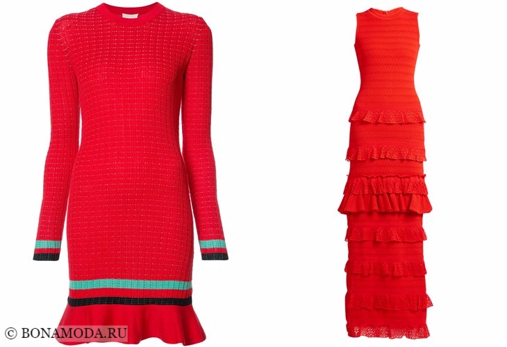 Вязаные платья 2017-2018: красные с воланами