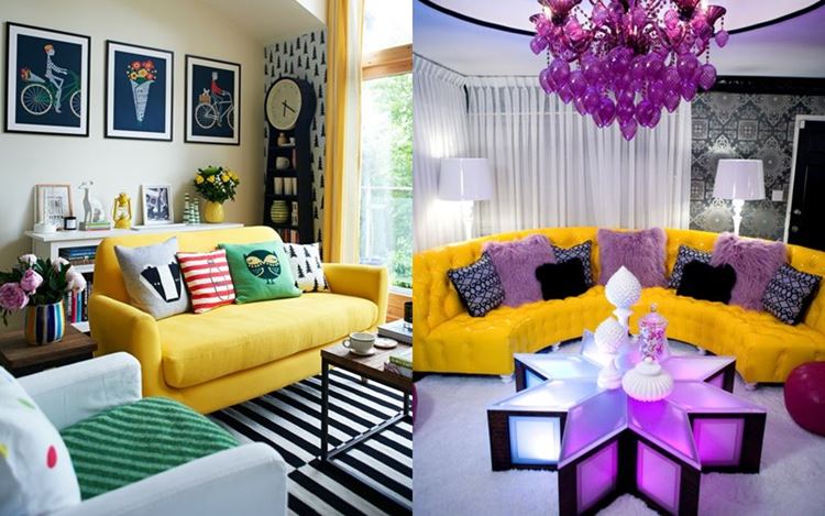 Жёлтый диван в интерьере: жёлтые диваны в комнате с зелёным, синим и сиреневым оттенками