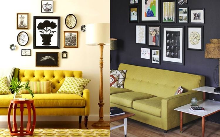 Жёлтый диван в интерьере: гостиная с жёлтым диваном со светлой и тёмной стеной