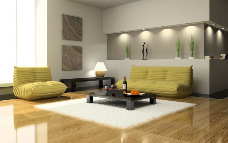 Жёлтый диван в интерьере: гостиная в стиле авангард с жёлто-зеленой мягкой мебелью и низким деревянным столиком