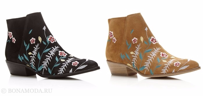 Коллекция обуви Guess весна-лето 2017: замшевые ковбойские ботильоны с вышивкой