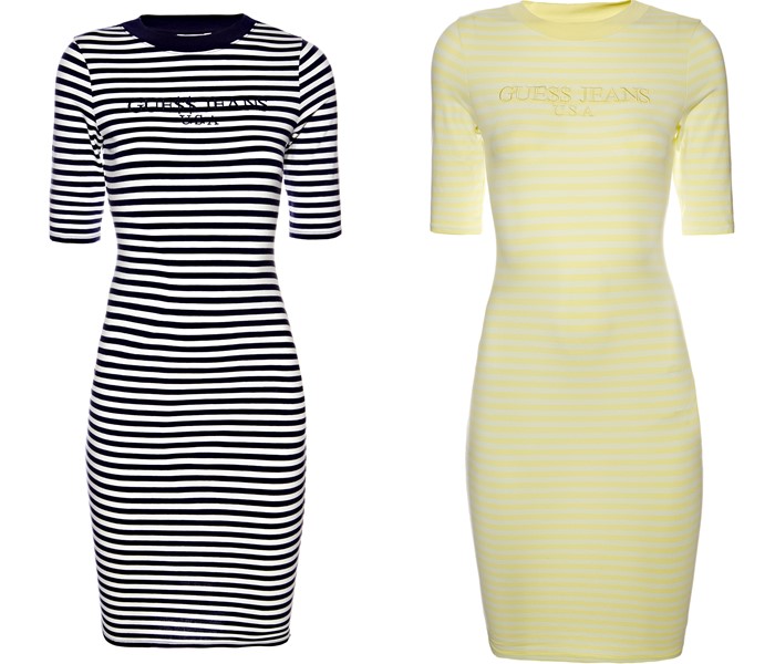 Коллекция GUESS Originals лето 2017: облегающие платья в полоску черно-белое и жёлтое