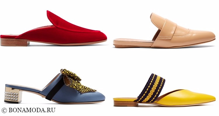 Модные туфли тенденции 2017-2018: красные, синие, желтые и бежевые плоские шлёпанцы-мюли 