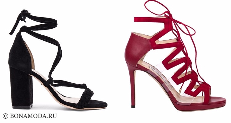 Модные туфли тенденции 2017-2018: чёрные и красные босоножки на высоком каблуке и шнуровке