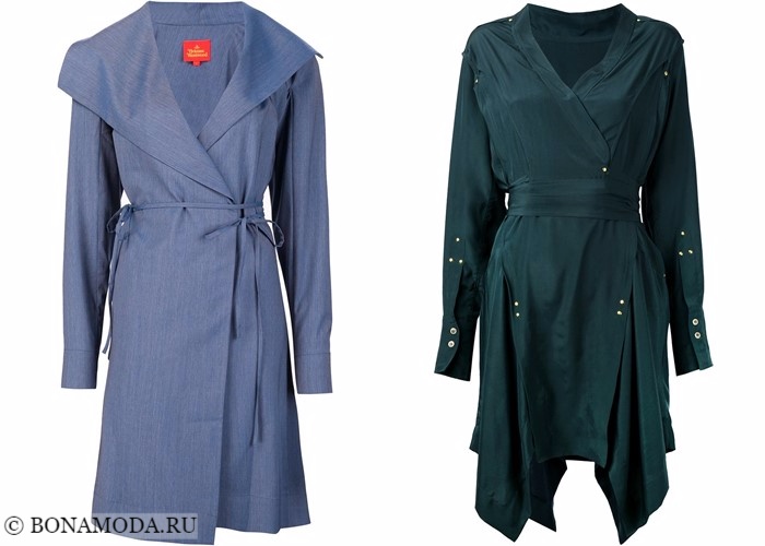 Платья-халат с запахом 2017-2018: синее и изумрудно-зеленое длинным рукавом