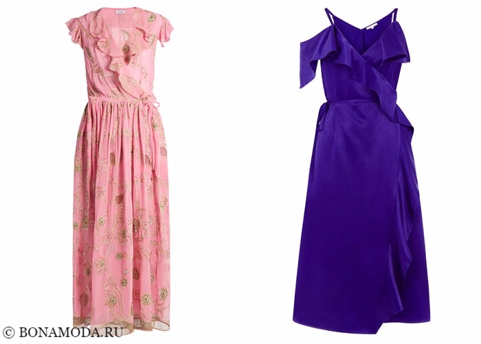 Платья-халат с запахом 2017-2018: розовое и фиолетовое с воланами