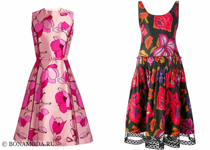 Платья с цветочным принтом 2017-2018: приталенные модели с пышными юбками