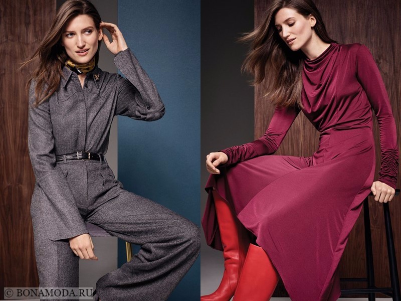 Лукбук коллекции Marks & Spencer осень-зима 2017-2018: серый брючный костюм и длинное бордовое платье 