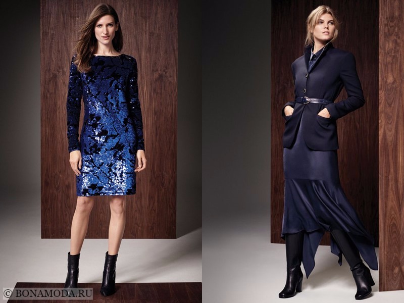 Лукбук коллекции Marks & Spencer осень-зима 2017-2018: синее коктейльное платье с пайетками и темно-синий костюм
