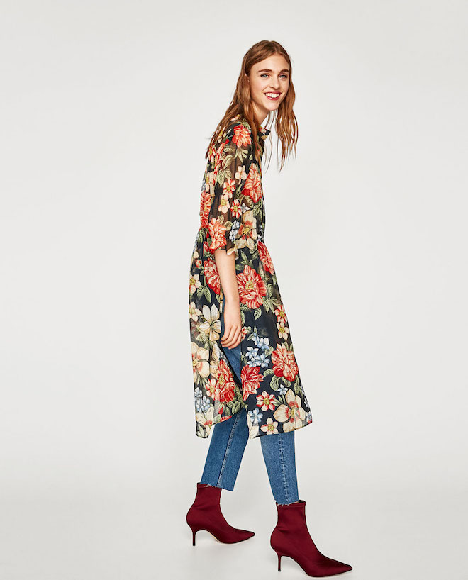 Лукбук коллекции Zara осень-зима 2017-2018: длинная цветочная туника с джинсами скинни
