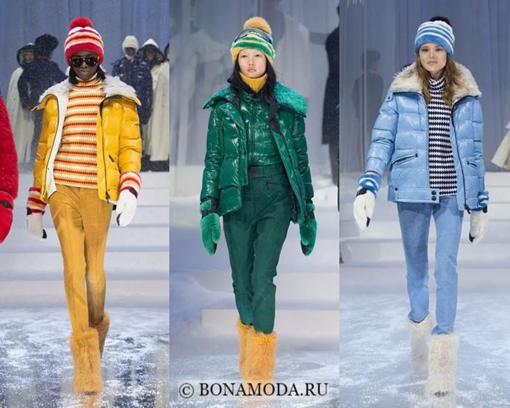Модные женские куртки осень-зима 2017-2018: желтый, зеленый и голубой пуховик Moncler Greboble