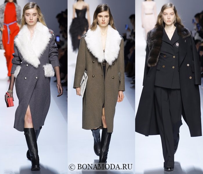 Модные женские пальто осень-зима 2017-2018: серые, черные и хаки с меховым воротником Ermanno Scervino
