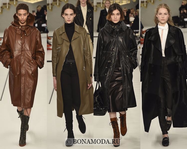 Модные женские плащи осень-зима 2017-2018: Tod's - кожаные черные, коричневые и хаки миди