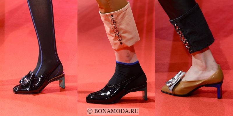 Модные женские туфли осень-зима 2017-2018: черные лаковые на низком каблуке