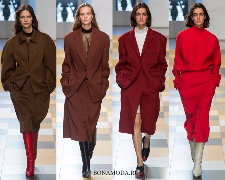 Женские костюмы с юбкой осень-зима 2017-2018: Jil Sander - красные и коричневые