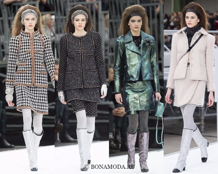 Женские костюмы с юбкой осень-зима 2017-2018: Chanel - классические твидовые