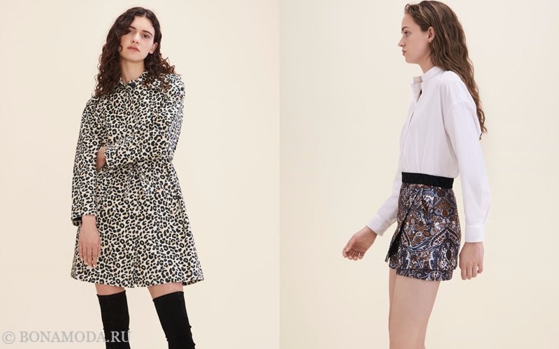 Лукбук коллекции Maje осень-зима 2017-2018: леопардовое приталенное платье и белая блузка с короткой юбкой