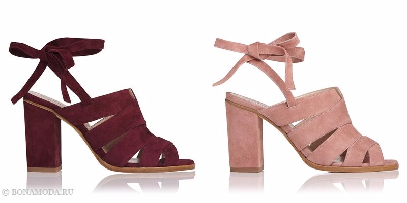 Замшевые туфли коллекции L.K. Bennett лето-2017 - бордовые и пудрово-розовые босоножки на толстом каблуке